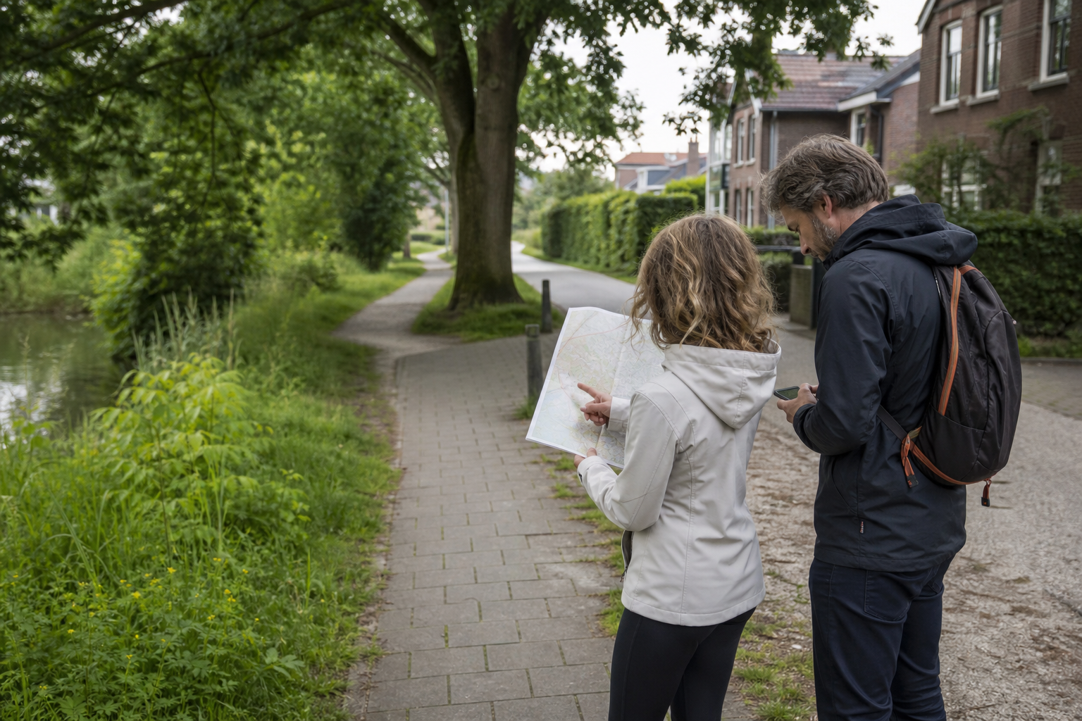 Twee wandelaars kiezen met een kaart een route langs groen en woningen