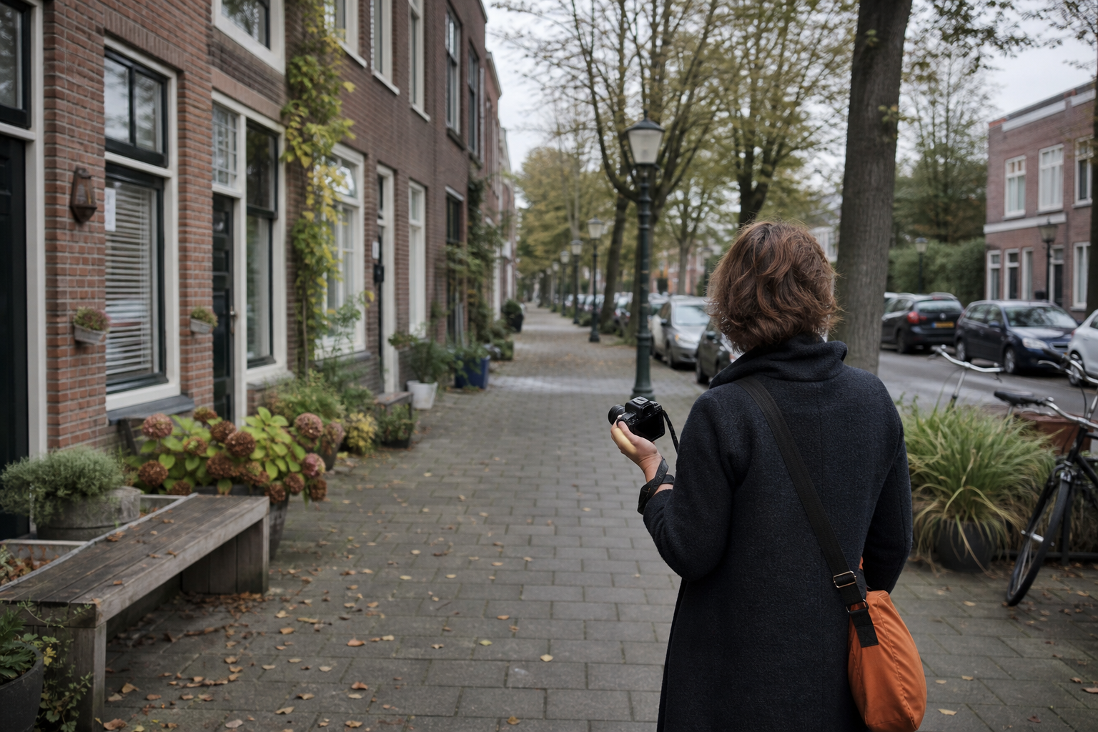 Fotograaf met camera tijdens een rustige wandeling door een Nederlandse woonstraat